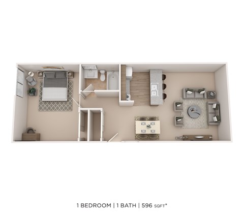 Floor plan for 1 bed, 1 bath, 596 sqft