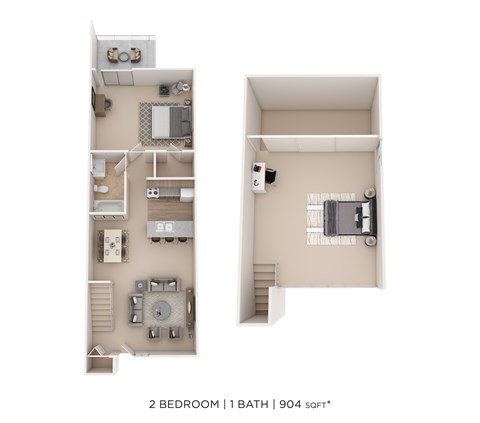 Floor plan for 2 beds, 1 bath, 904 sqft