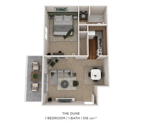 Floor plan for 1 bed, 1 bath, 516 sqft