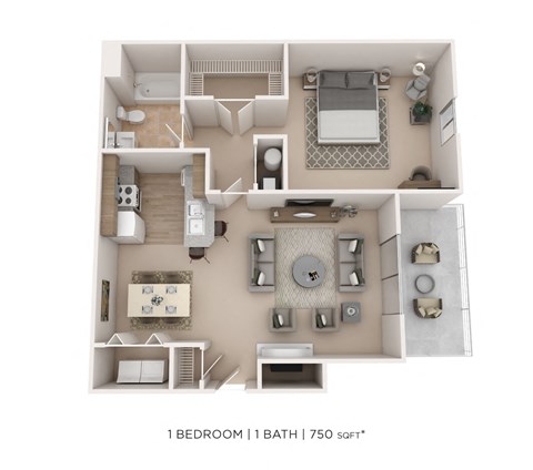 Floor plan for 1 bed, 1 bath, 750 sqft