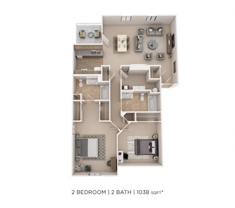 Floor plan for 2 beds, 2 baths, 1038 sqft