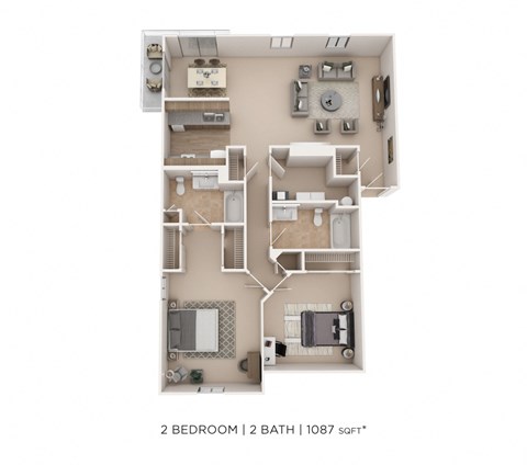 Floor plan for 2 beds, 2 baths, 1087 sqft