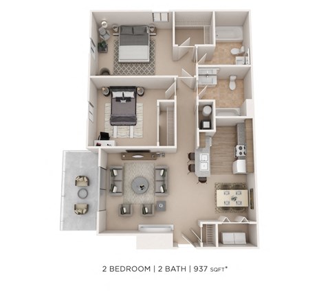 Floor plan for 2 beds, 2 baths, 937 sqft
