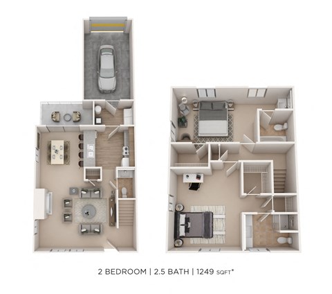 Floor plan for 2 beds, 2.5 baths, 1249 sqft