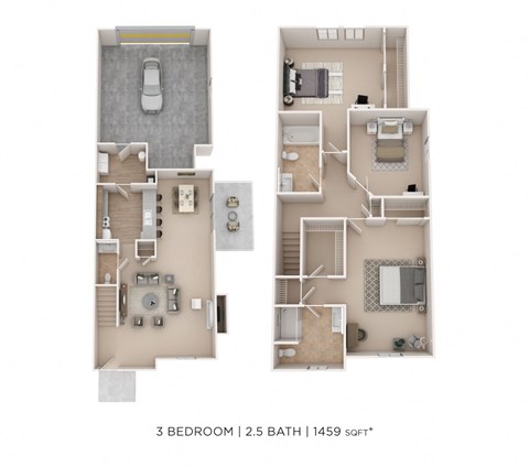 Floor plan for 3 beds, 2 baths, 1459 sqft