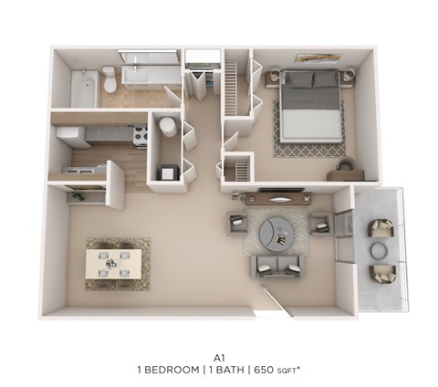 Floor plan for 1 bed, 1 bath, 650 sqft
