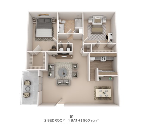 Floor plan for 2 beds, 1 bath, 900 sqft