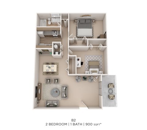 Floor plan for 2 beds, 1 bath, 900 sqft