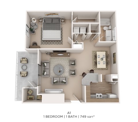 Floor plan for 1 bed, 1 bath, 749 sqft