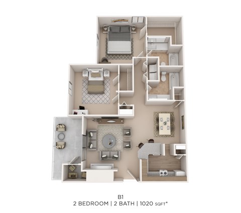 Floor plan for 2 beds, 2 baths, 1020 sqft