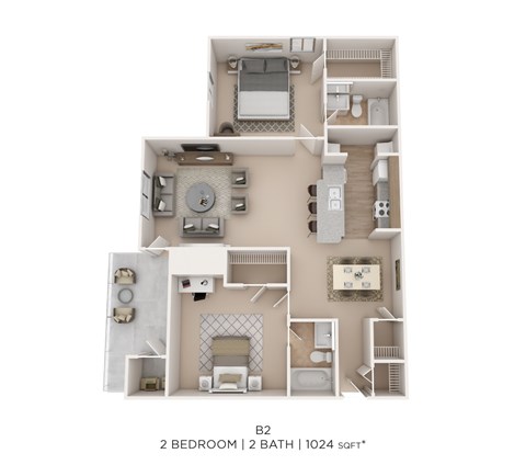 Floor plan for 2 beds, 2 baths, 1024 sqft