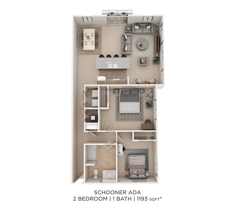 Floor plan for 2 beds, 1 bath, 1193 sqft