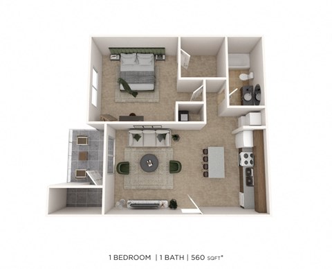 Floor plan for 1 bed, 1 bath, 560 sqft