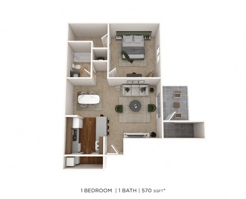 Floor plan for 1 bed, 1 bath, 570 sqft