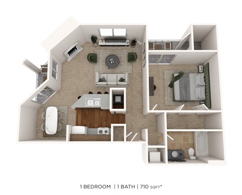 Floor plan for 1 bed, 1 bath, 710 sqft