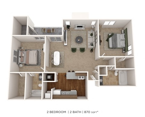 Floor plan for 2 beds, 2 baths, 870 sqft