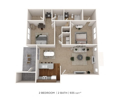 Floor plan for 2 beds, 2 baths, 935 sqft