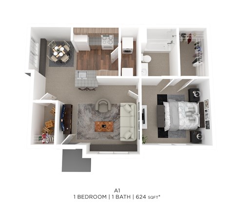 Floor plan for 1 bed, 1 bath, 624 sqft