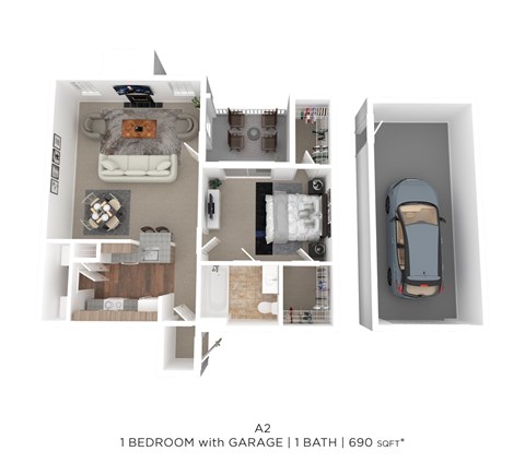 Floor plan for 1 bed, 1 bath, 690 sqft