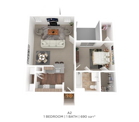 Floor plan for 1 bed, 1 bath, 690 sqft