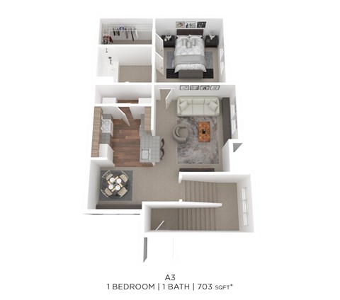 Floor plan for 1 bed, 1 bath, 703 sqft