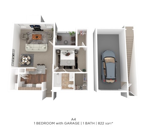 Floor plan for 1 bed, 1 bath, 822 sqft
