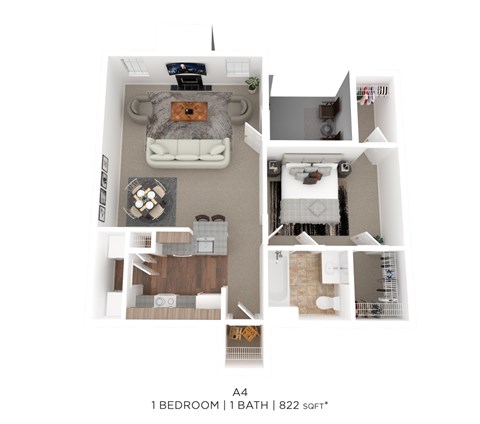 Floor plan for 1 bed, 1 bath, 822 sqft