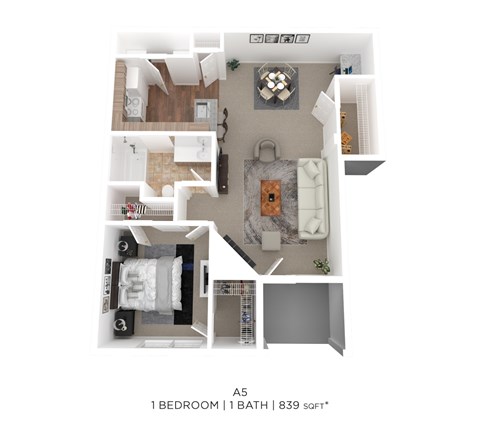 Floor plan for 1 bed, 1 bath, 839 sqft