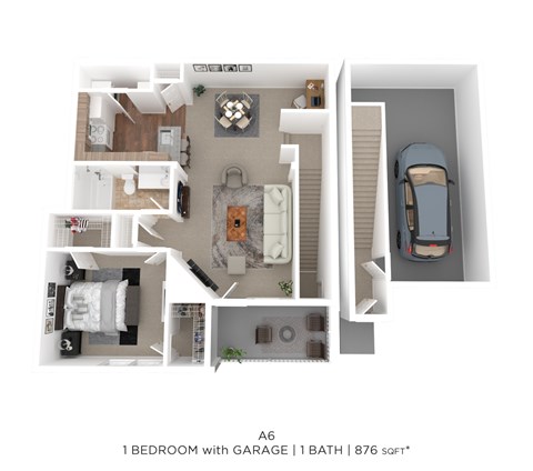 Floor plan for 1 bed, 1 bath, 876 sqft