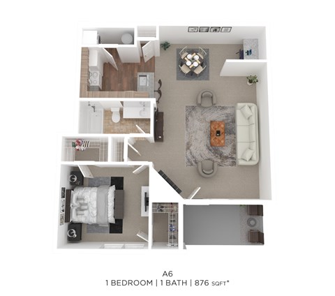 Floor plan for 1 bed, 1 bath, 876 sqft
