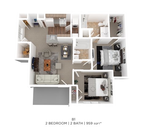 Floor plan for 2 beds, 2 baths, 959 sqft