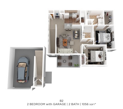Floor plan for 2 beds, 2 baths, 1056 sqft