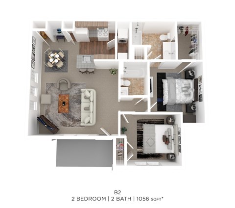 Floor plan for 2 beds, 2 baths, 1056 sqft
