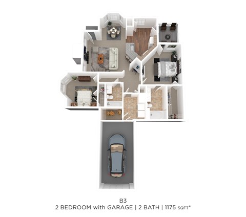 Floor plan for 2 beds, 2 baths, 1175 sqft