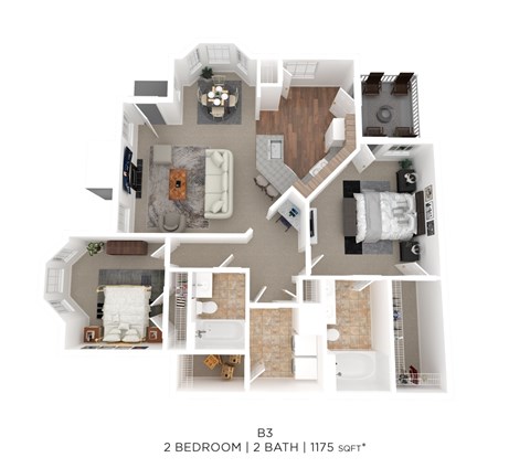 Floor plan for 2 beds, 2 baths, 1175 sqft