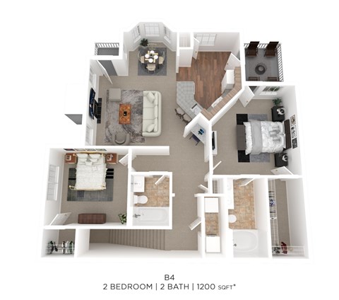 Floor plan for 2 beds, 2 baths, 1200 sqft