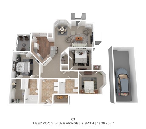 Floor plan for 3 beds, 2 baths, 1306 sqft