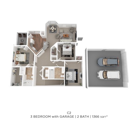 Floor plan for 3 beds, 2 baths, 1366 sqft