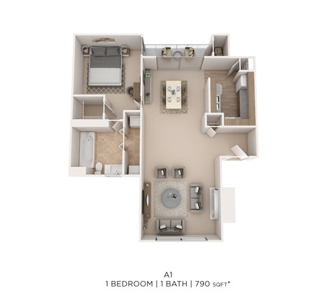 Floor plan for 1 bed, 1 bath, 790 sqft