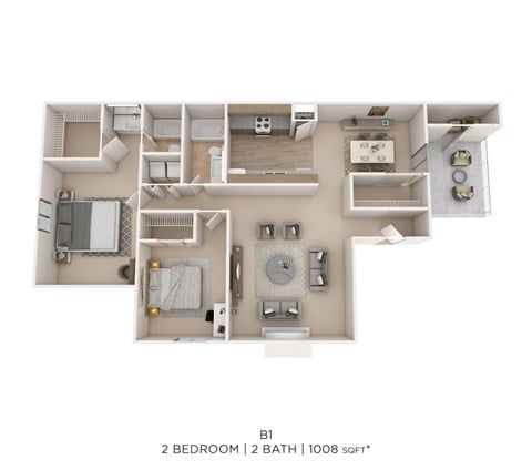 Floor plan for 2 beds, 2 baths, 1008 sqft
