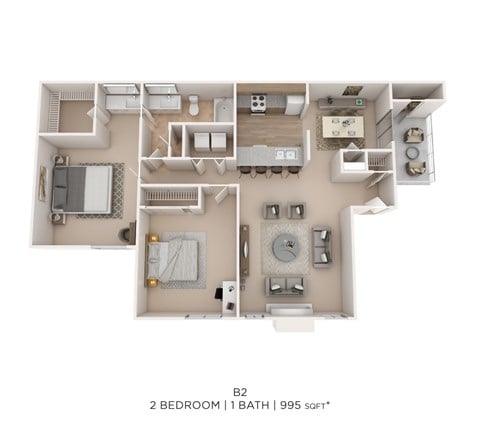 Floor plan for 2 beds, 1 bath, 995 sqft