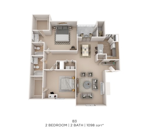Floor plan for 2 beds, 2 baths, 1098 sqft