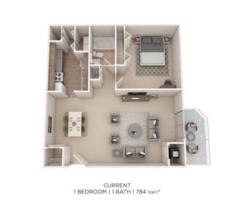 Floor plan for 1 bed, 1 bath, 784 sqft