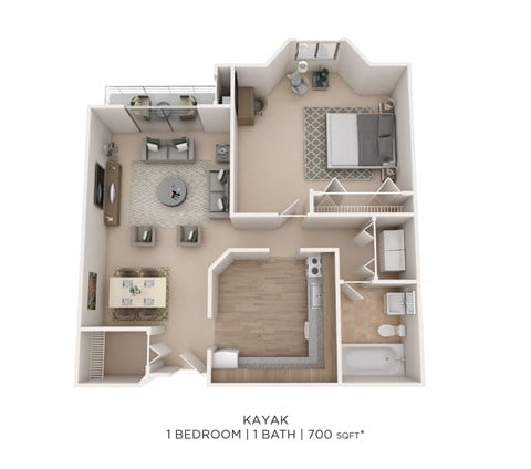 Floor plan for 1 bed, 1 bath, 700 sqft