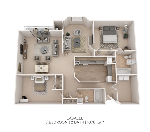 Floor plan for 2 beds, 2 baths, 1076 sqft