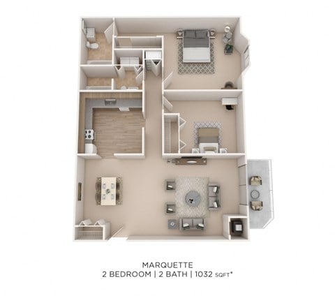 Floor plan for 2 beds, 2 baths, 1032 sqft