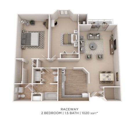 Floor plan for 2 beds, 1.5 baths, 1020 sqft