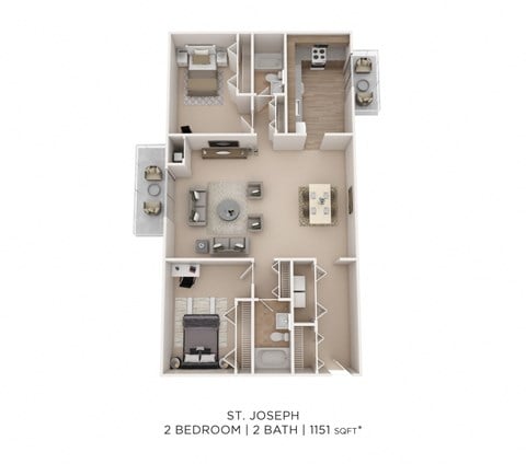 Floor plan for 2 beds, 2 baths, 1151 sqft