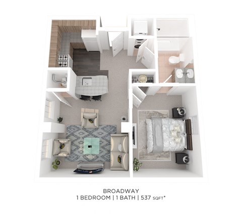 Floor plan for 1 bed, 1 bath, 537 sqft
