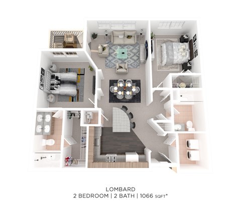 Floor plan for 2 beds, 2 baths, 1066 sqft